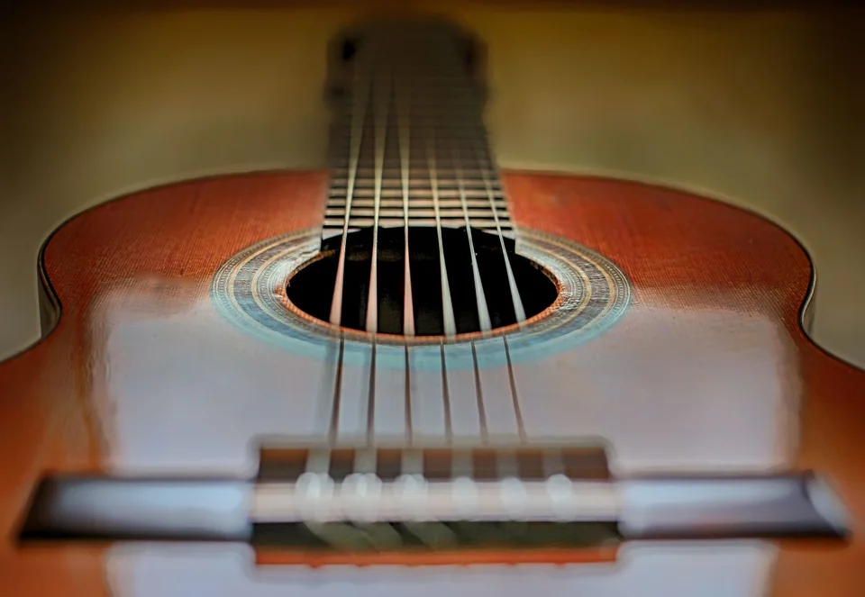 Imagem ilustrativa: violão acústico de madeira, com cordas em primeiro plano.