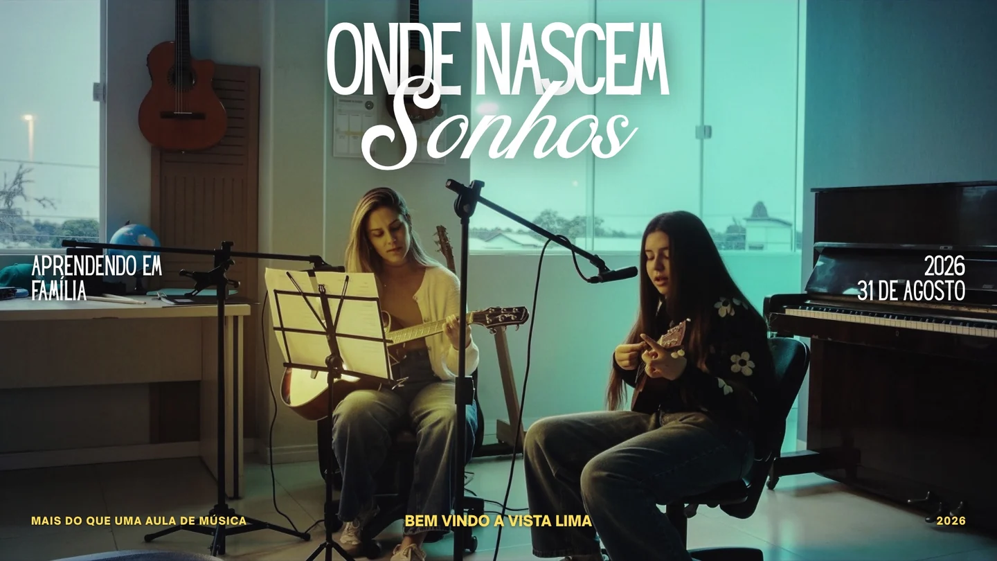 Duas pessoas tocando violão juntas na sala da escola. Arte da Vista Lima: Onde nascem sonhos.